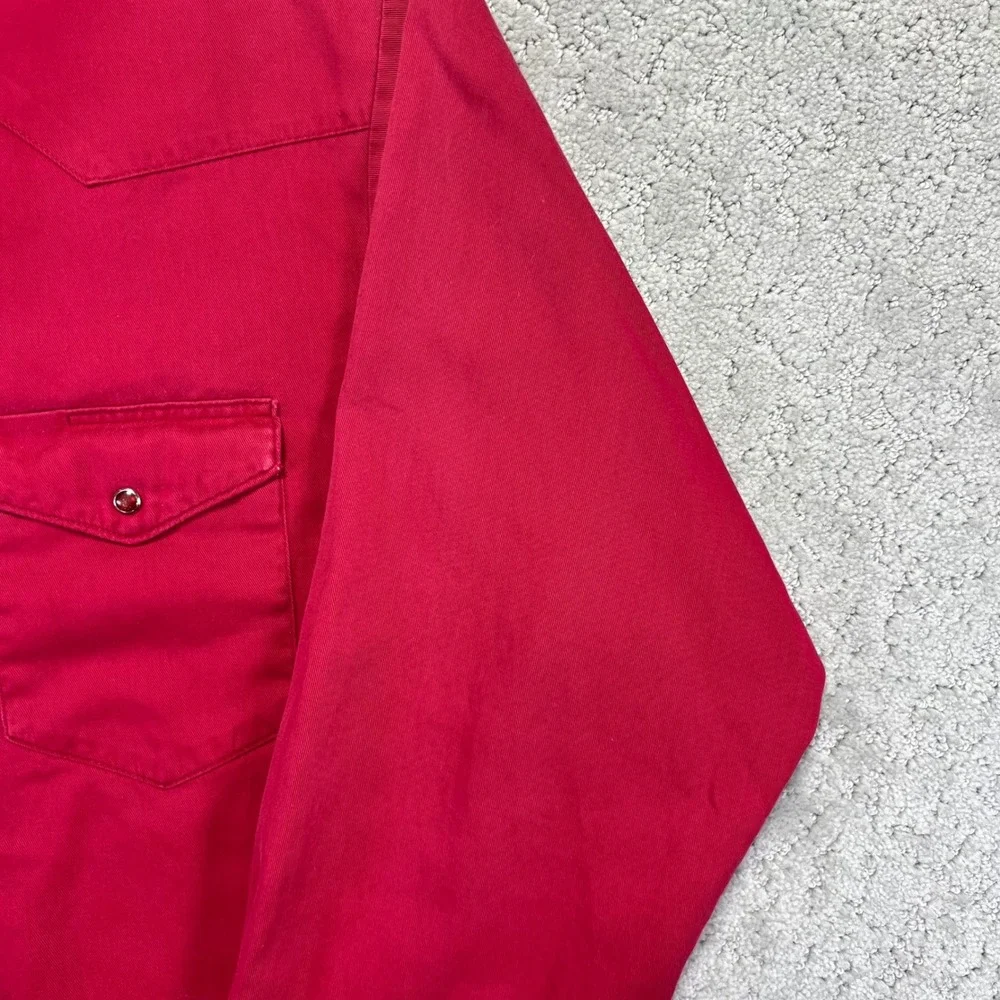 VINTAGE Wrangler Western Shirt Mens Large Red Faded Distressed Pearl Snap Cotton